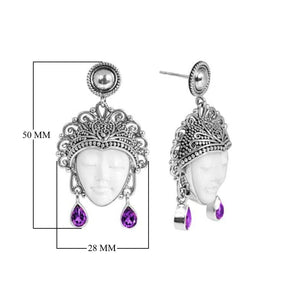 Sterling Silver Carved Bone Face Earrings With Amethyst Quartz Teardrop Accents