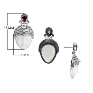 Sterling Silver Earrings With Bone Carving Face Garnet Quartz Top And Citrine Quartz Accent