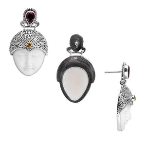 Sterling Silver Earrings With Bone Carving Face Garnet Quartz Top And Citrine Quartz Accent