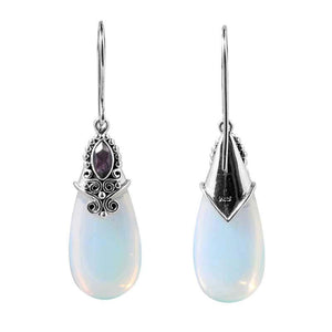 Sterling Silver Earrings With Opalite Teardrop And Amethyst Quartz Decorative Top