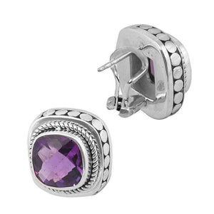 Sterling Silver Clip-On Earrings With Amethyst Quartz Cushion And Braided Dotted Border.