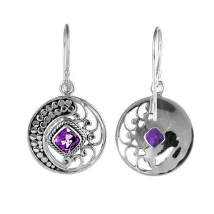Sterling Silver Disc Earrings With Amethyst Quartz Square Center And Swirl Dotted Design.