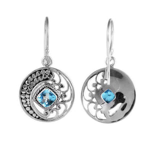 Sterling Silver Disc Earrings With Blue Topaz Quartz Square Center And Swirl Crescent Detailing.