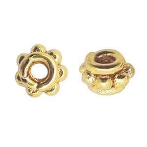 18K gold overlay over copper round spacer beads handcrafted in India with polished finish and artisan floral design.