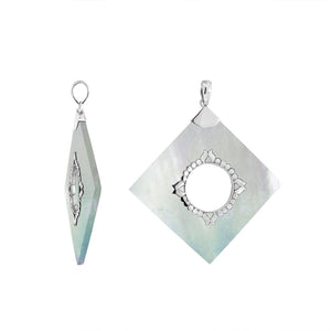 Sterling Silver Square Pendant Featuring Mother Of Pearl With Carved Central Silver Medallion.