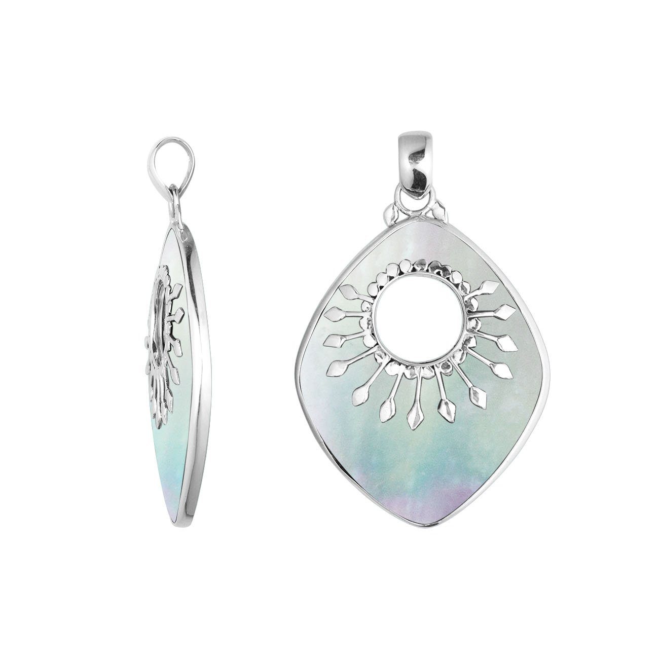 Sterling Silver Shield-Shaped Pendant Featuring Mother Of Pearl With Sunburst Medallion.