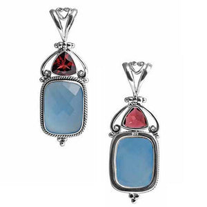 Sterling Silver Pendant With Chalcedony Quartz And Garnet Quartz Accented By Balinese Scrollwork.