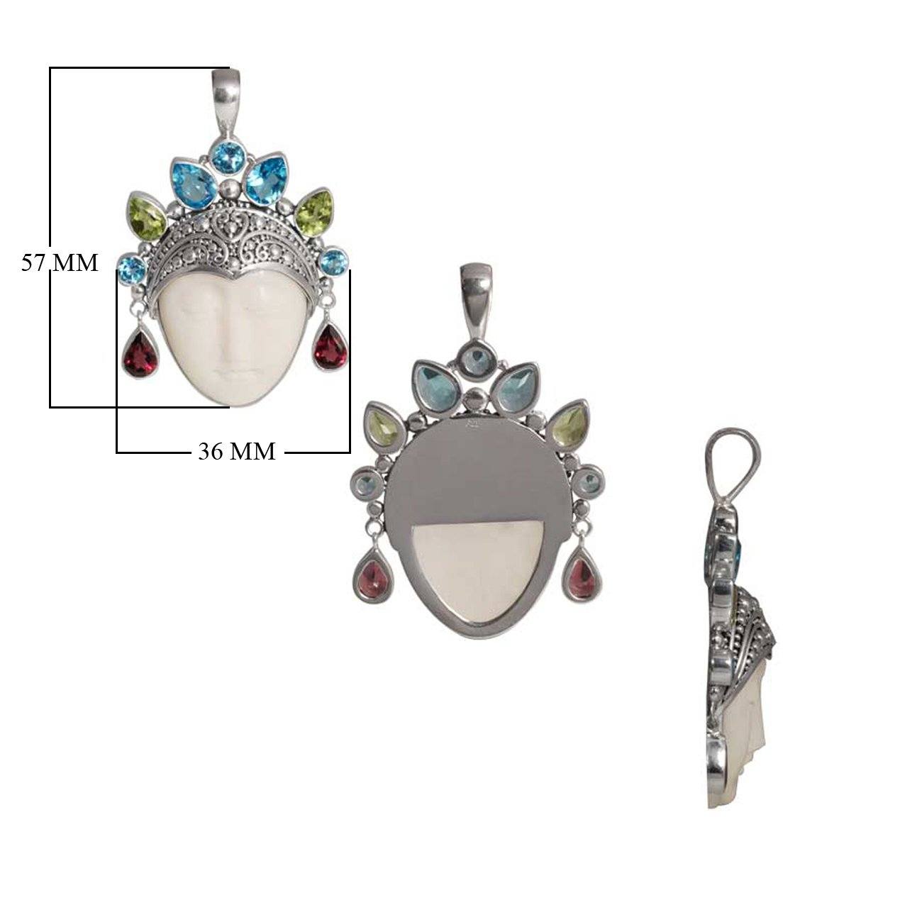 Sterling Silver Bone Face Pendant With Multi Quartz Crown And Balinese Detailing.