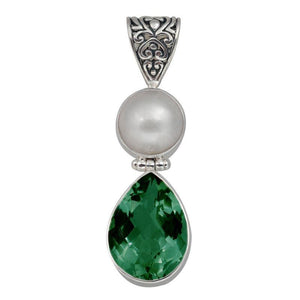 Sterling Silver Pendant With Mabe Pearl And Green Quartz In Teardrop Balinese Design.