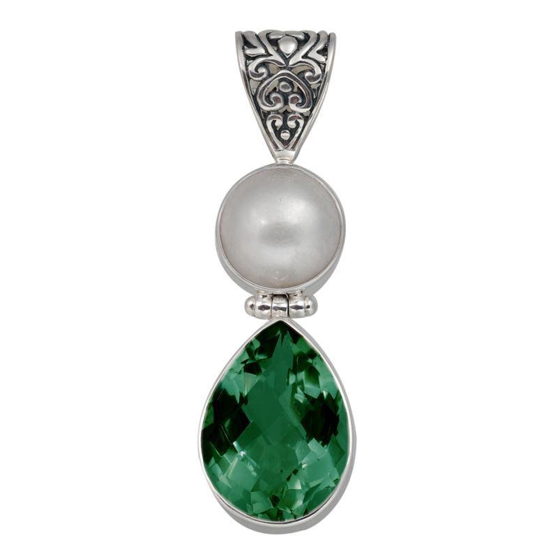 Sterling Silver Pendant With Mabe Pearl And Green Quartz In Teardrop Balinese Design.