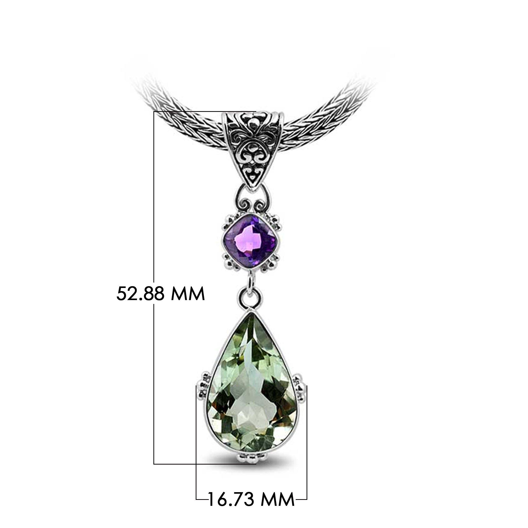 Sterling Silver Pendant With Amethyst Quartz And Green Quartz In Balinese Teardrop Design.