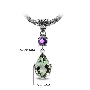 Sterling Silver Pendant With Amethyst Quartz And Green Quartz In Balinese Teardrop Design.