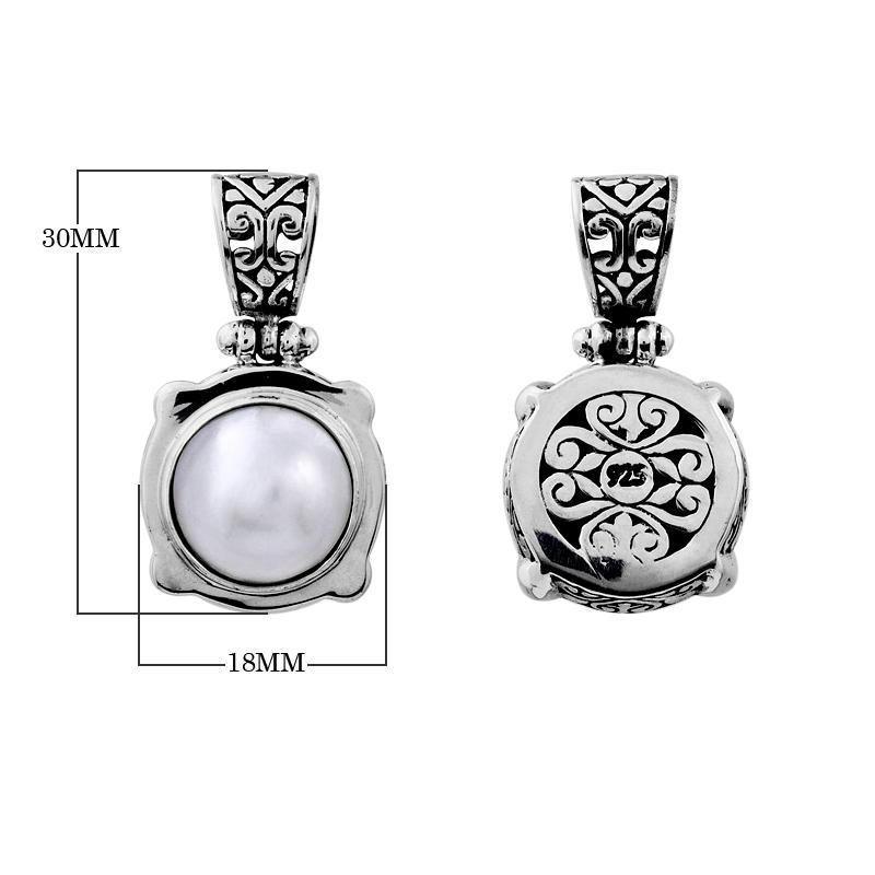 Sterling Silver Pendant With Round Mabe Pearl And Balinese Ornamental Design.