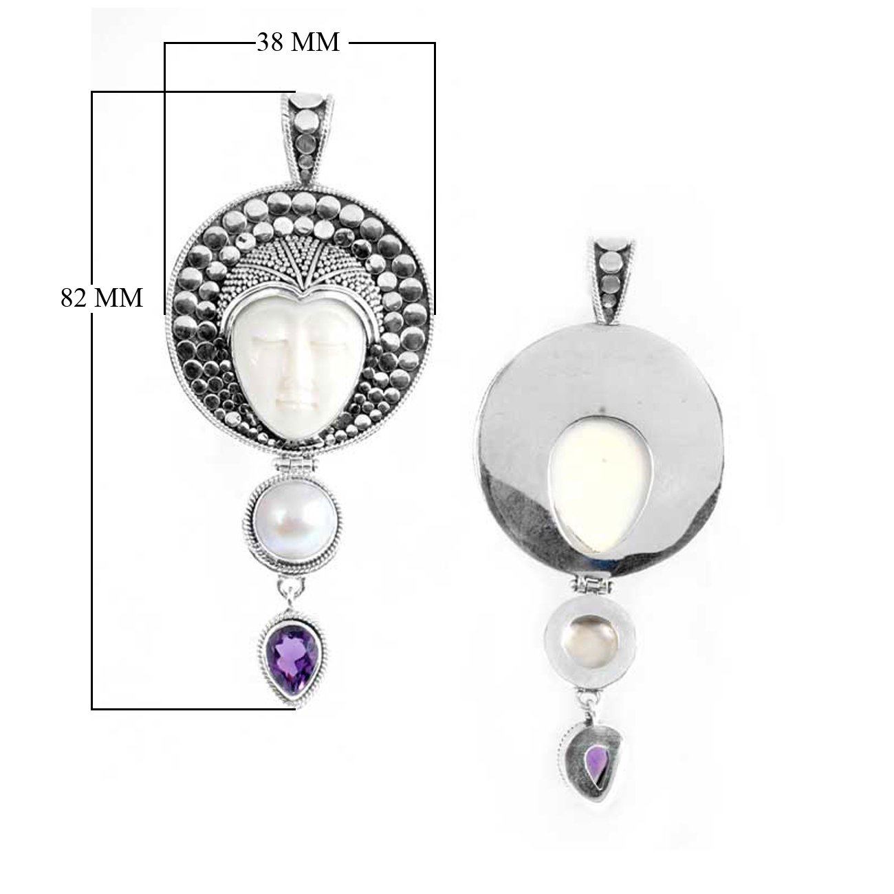 Sterling Silver Fresh Water Pearl Amethyst Quartz Bone Pendant With Textured Sunburst Frame.