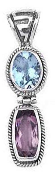 Sterling Silver Blue Topaz Quartz And Amethyst Quartz Rope Edge Vertical Pendant