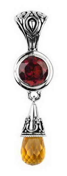 Sterling Silver Garnet Quartz And Citrine Quartz Drop Pendant With Ornate Bail