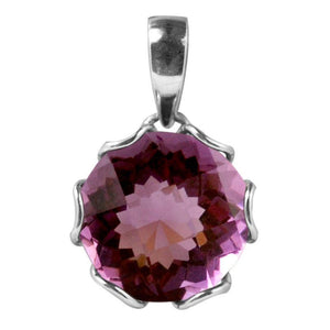 Sterling Silver Amethyst Quartz Round Pendant With Sculpted Petal Prongs