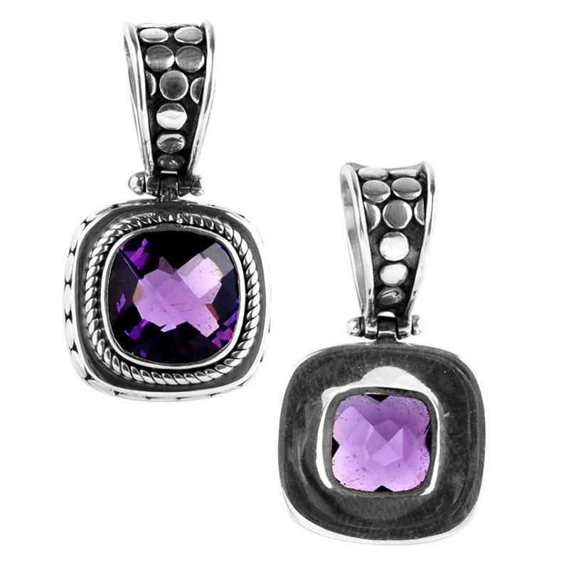 Sterling Silver Pendant With Amethyst Quartz In Square Bali Design