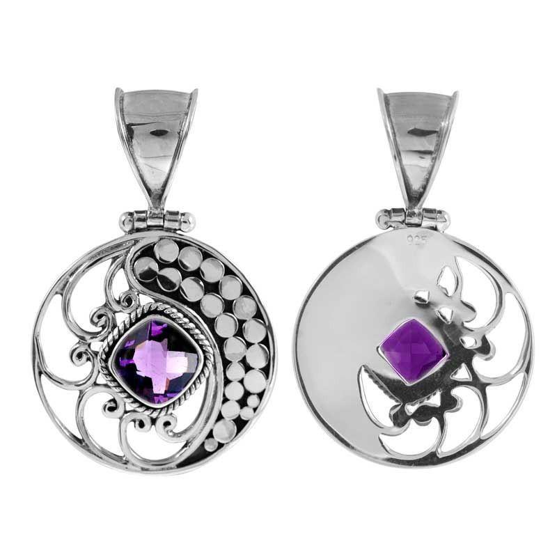 Sterling Silver Round Pendant With Amethyst Quartz And Ornate Bali Filigree