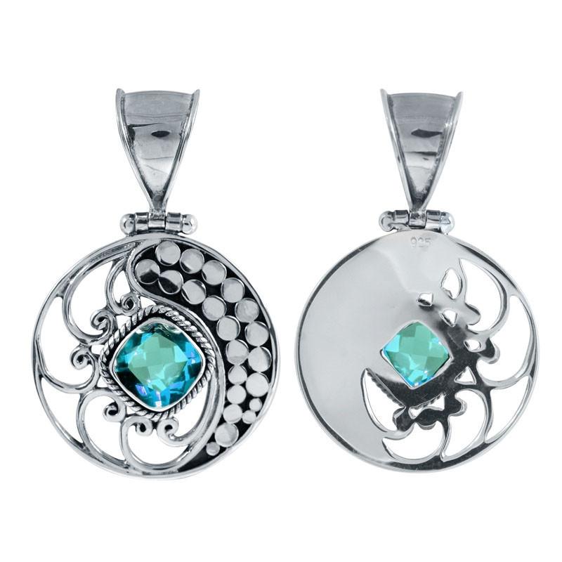 Sterling Silver Round Pendant With Blue Topaz Quartz And Ornate Bali Filigree