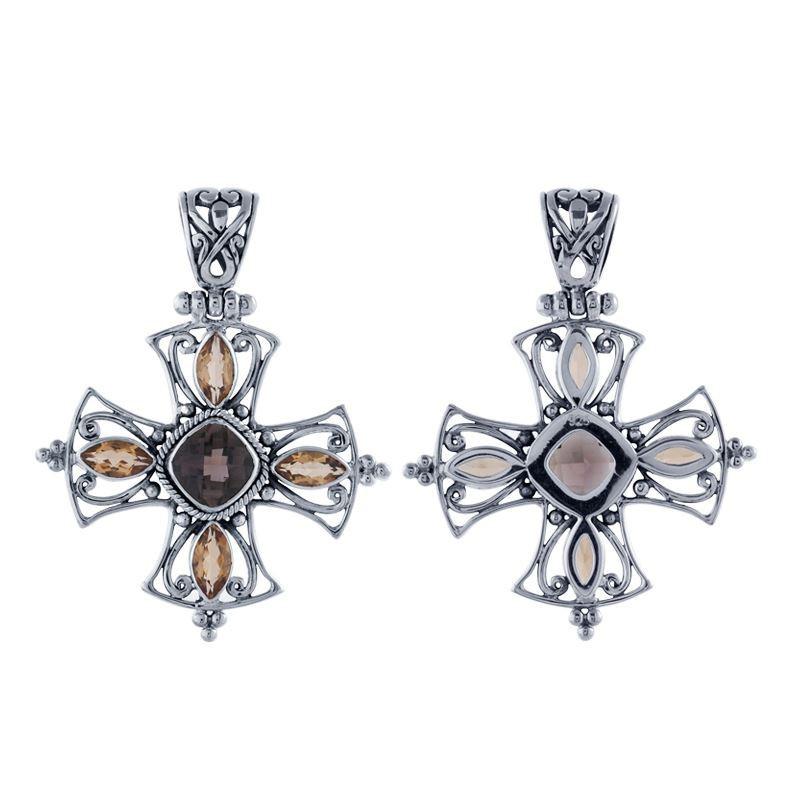 Sterling Silver Cross Pendant With Smokey Quartz And Citrine Quartz Bali Design