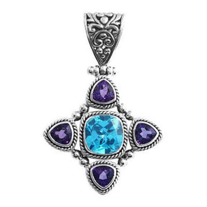 Sterling Silver Cross Pendant With Blue Topaz Quartz And Amethyst Quartz Bali Design