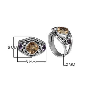 Wholesale sterling silver Citrine Quartz and Amethyst Quartz dual accent ring handcrafted in Bali.