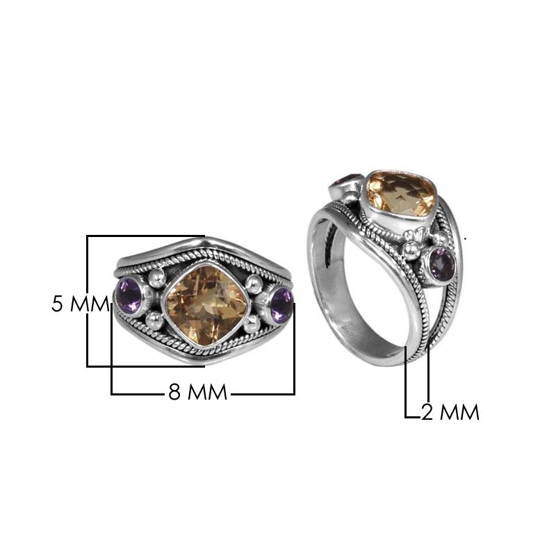 Wholesale sterling silver Citrine Quartz and Amethyst Quartz dual accent ring handcrafted in Bali.