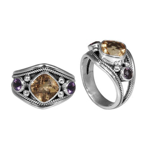 Wholesale sterling silver Citrine Quartz and Amethyst Quartz dual accent ring handcrafted in Bali.