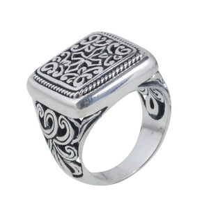 Wholesale sterling silver rectangular scroll pattern men’s ring handcrafted in Bali.