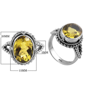 Sterling Silver Lemon Quartz Oval Beaded Statement Ring with Intricate Bali Detailing