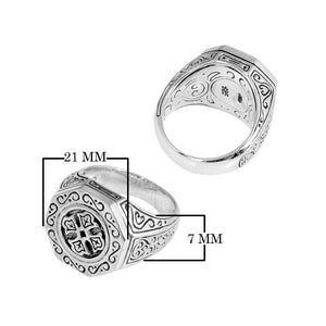 Wholesale Sterling Silver Hexagonal Signet Ring With Engraved Cross & Balinese Scroll Design Handcrafted In Bali