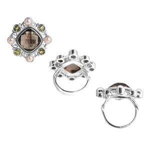 Sterling Silver Ring With Smoky Quartz, Peridot Quartz, And Pearl, Designer Cluster Ring, Mirror Polished Antique Finish