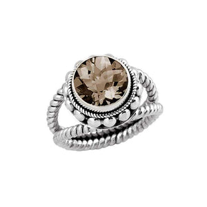 Sterling Silver Ring With Smoky Quartz, Antique Rope Band Designer Ring, Mirror Polished Finish