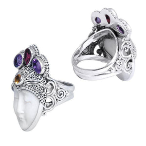 Sterling Silver Ring With Amethyst Quartz, Garnet Quartz, Citrine Quartz, And Shell, Goddess Face Designer Ring, Antique Oxidized Finish