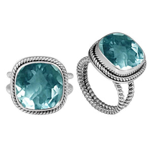 Sterling Silver Ring With Blue Topaz Quartz, Cushion Rope Frame Designer Ring, Mirror Polished Silver Finish