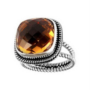 Sterling Silver Ring With Citrine Quartz, Cushion Rope Frame Designer Ring, Mirror Polished Silver Finish