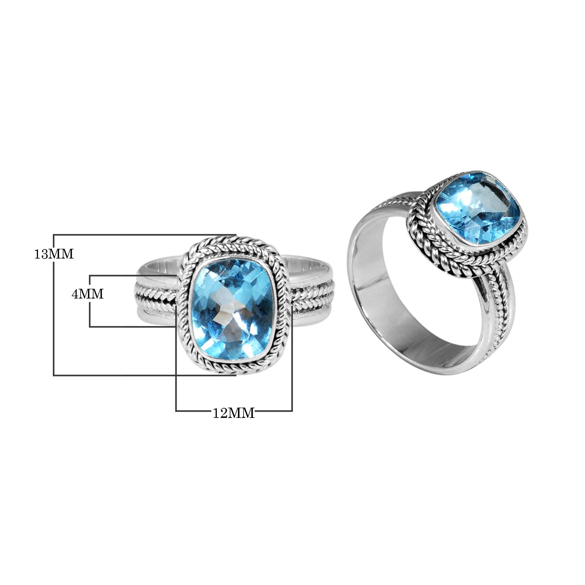 Sterling silver Blue Topaz Quartz cushion ring with braided rope border, handcrafted wholesale jewelry from Bali