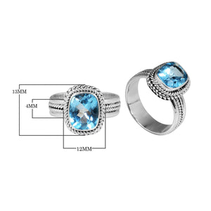 Sterling silver Blue Topaz Quartz cushion ring with braided rope border, handcrafted wholesale jewelry from Bali