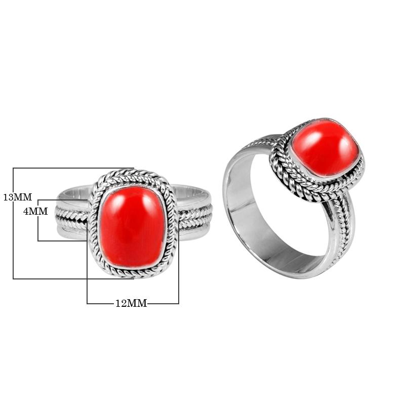 Sterling silver Red Coral cushion ring with braided rope detailing, handcrafted wholesale jewelry from Bali