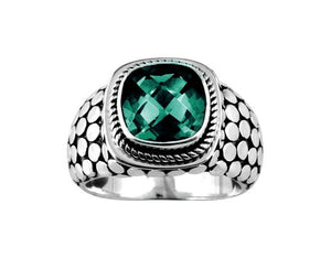 Sterling silver Green Quartz cushion ring with dotted oxidized band, handcrafted wholesale jewelry from Bali