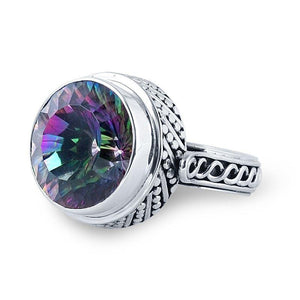 Sterling silver Mystic Quartz round bezel ring with dotted Bali detailing, handcrafted wholesale jewelry from Bali