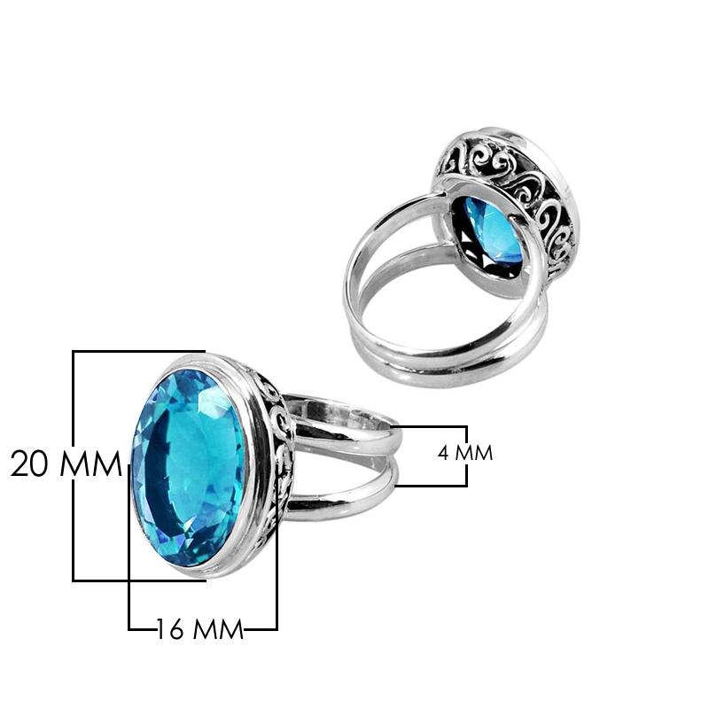 Sterling silver Blue Topaz Quartz oval filigree ring with oxidized scroll design, handcrafted wholesale jewelry from Bali