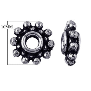 Silver overlay over copper antique floral beaded spacer jewelry component, handcrafted in India, shown in detailed view.