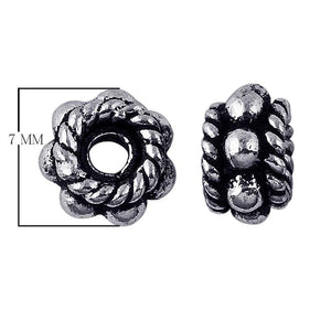 Silver Overlay Over Copper antique floral rope style spacer jewelry component, handcrafted in India, shown in front and side view.