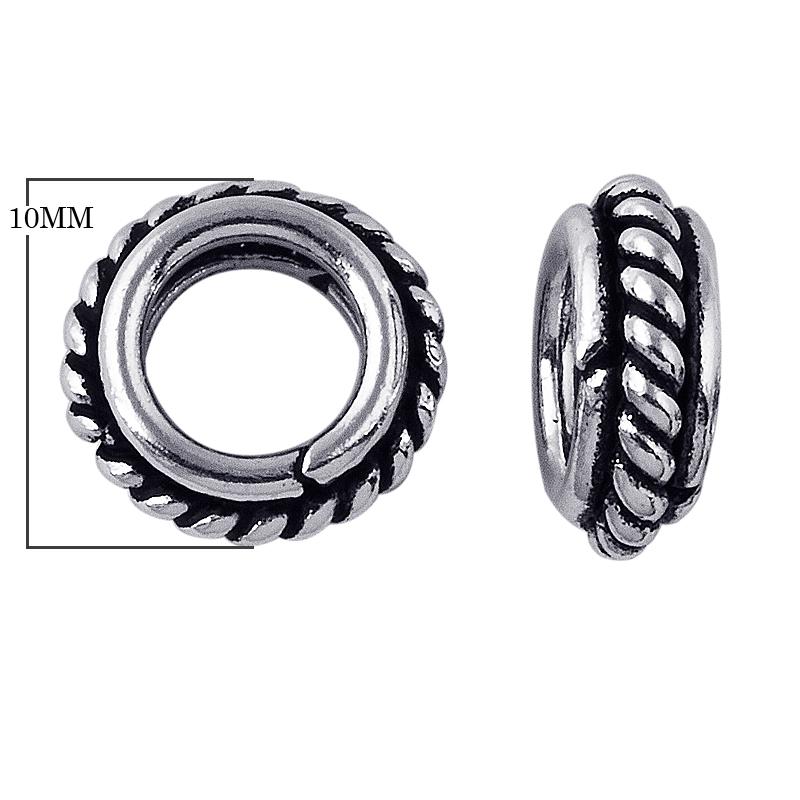 Rope-twist ring spacer bead in silver overlay over copper with oxidized Bali detailing.