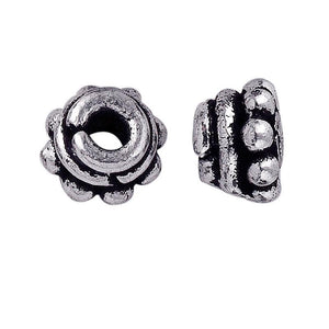 Silver Overlay Over Copper antique layered floral spacer jewelry component, handcrafted in India, shown in front and side view.