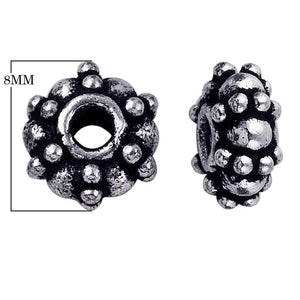 Silver Overlay Over Copper antique dense floral beaded spacer jewelry component, handcrafted in India, shown in front and side view.