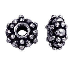 Silver Overlay Over Copper antique dense floral beaded spacer jewelry component, handcrafted in India, shown in front and side view.