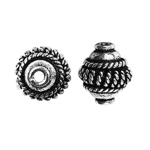 Handcrafted braided barrel bead made with Silver Overlay Over Copper, rope-textured center, artisan jewelry component from India.